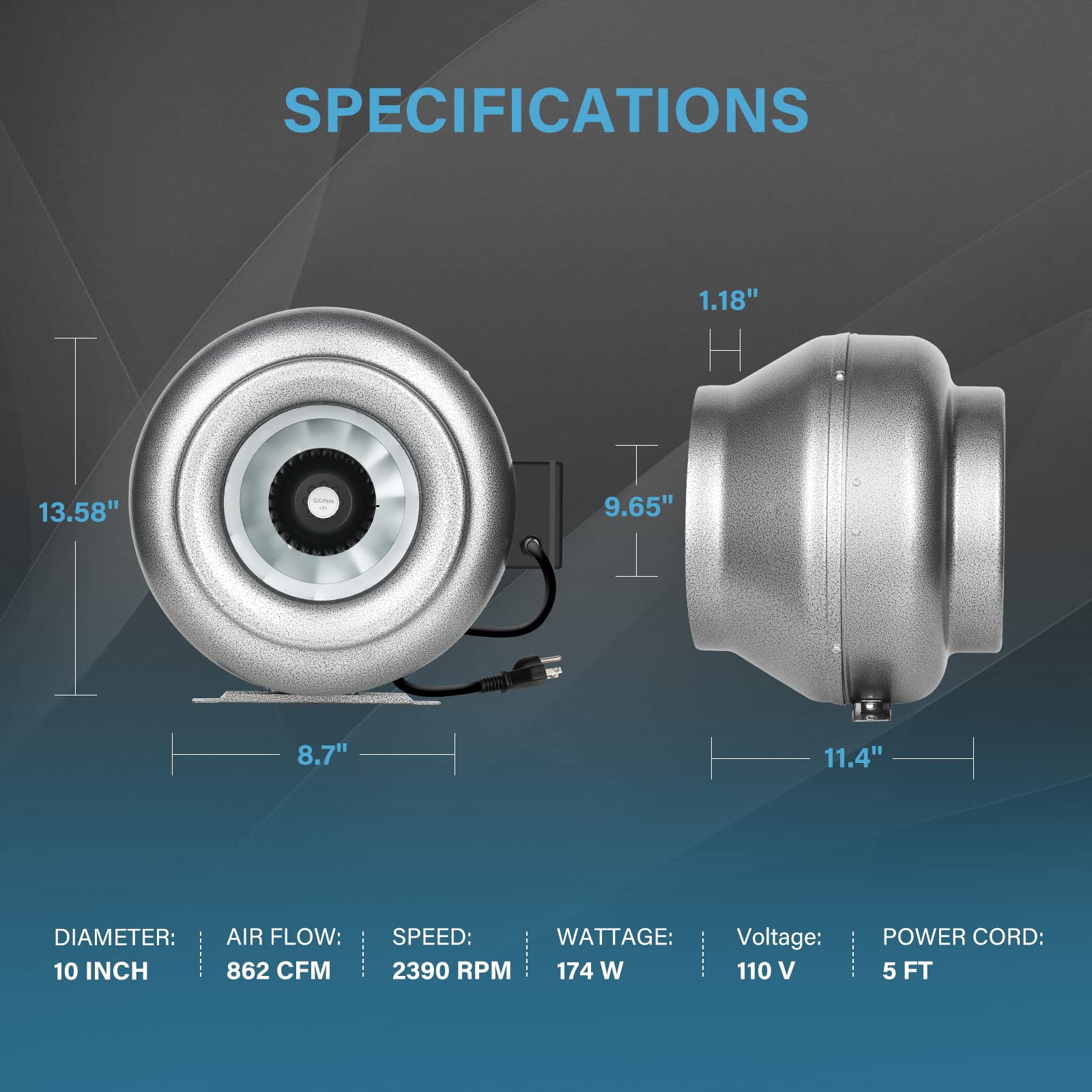 iPower 10 Inch 862 CFM Inline Duct Ventilation Fan HVAC Exhaust Blower for Grow Tent, Grounded Power Cord - Image 3