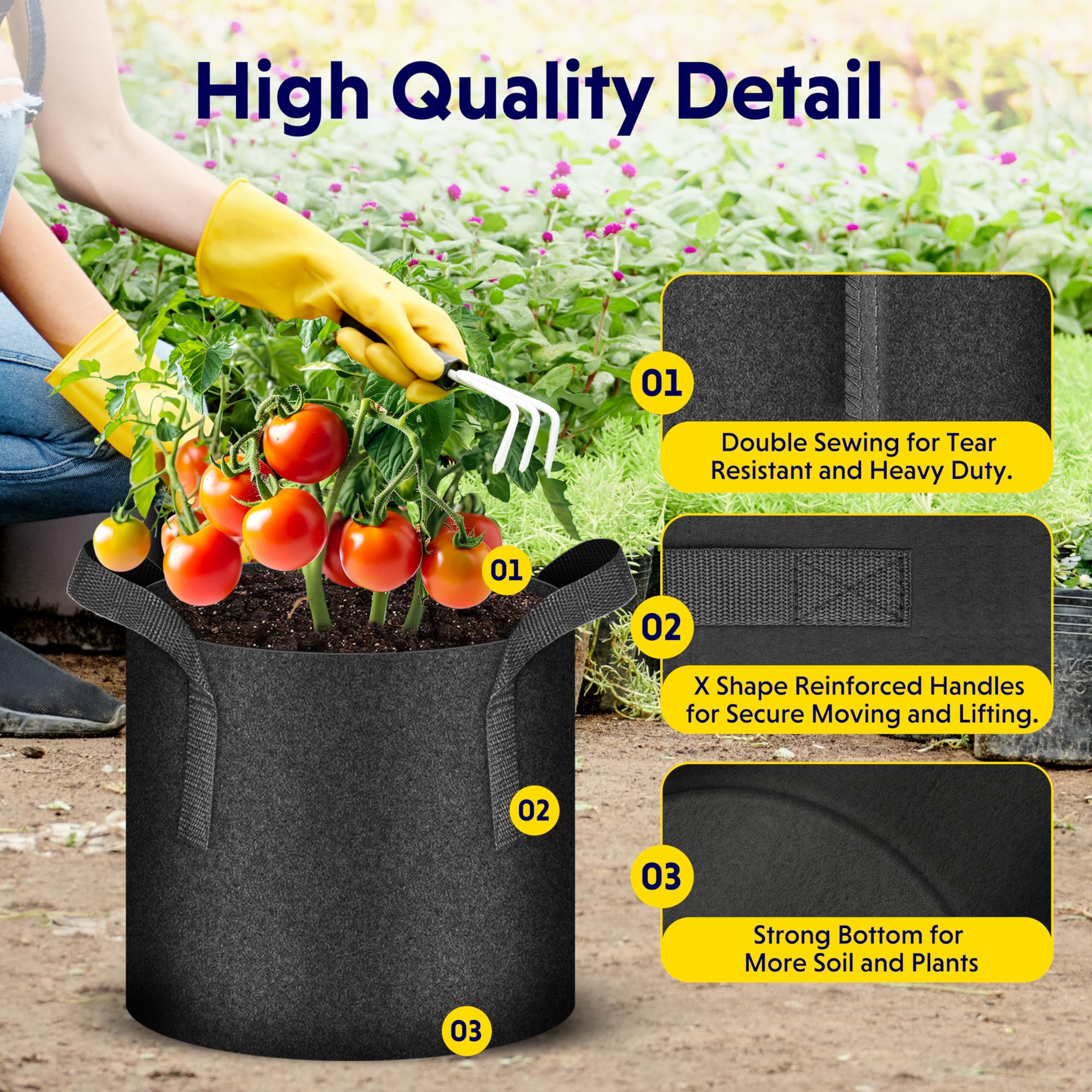 iPower 10 Pack 3 Gallon Grow Bags with Labels, 300G Thickened Nonwoven Plant Fabric Pots with Handles, Aeration Garden Grow Pots for Tomato Potato Vegetables, Fruits, Flowers, Black - Image 3
