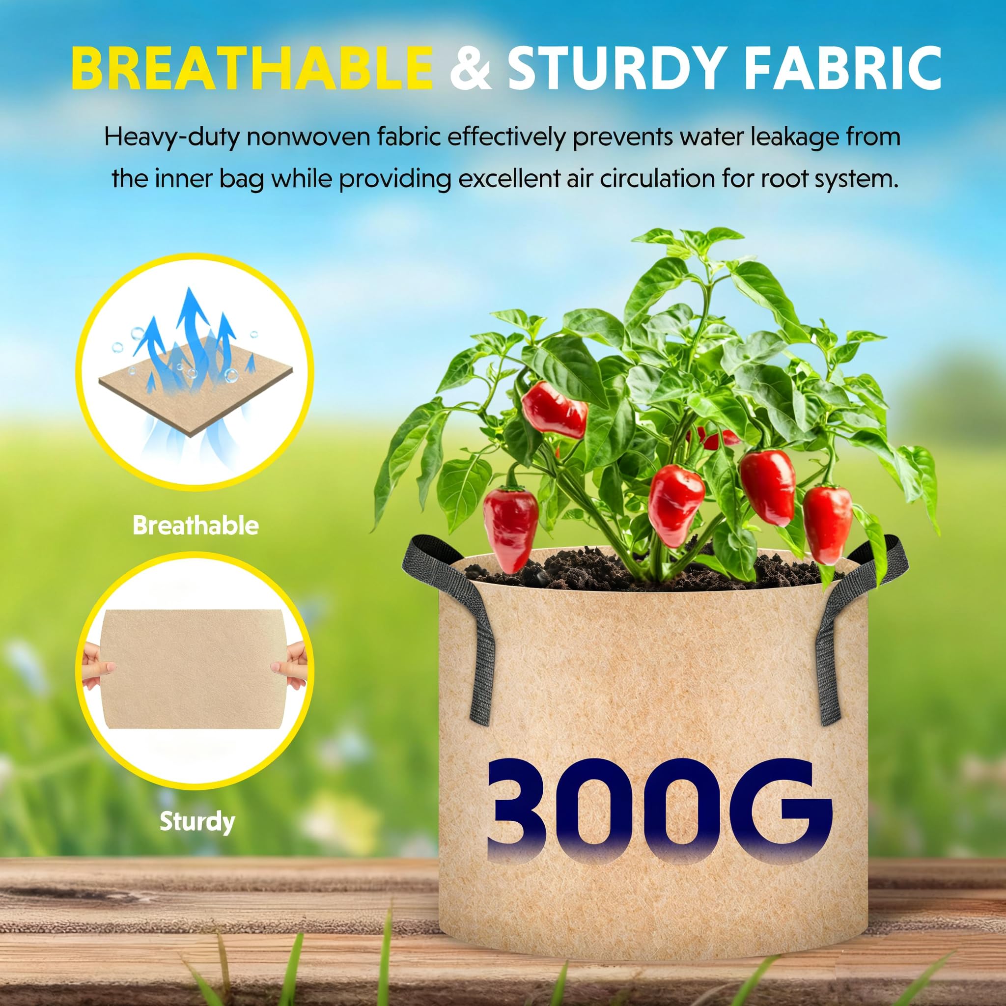 iPower 15 Gallon 10 Pack Grow Bags Nonwoven Fabric Pots Aeration Container with Strap Handles for Garden and Planting, 10-Pack Tan, 15 Gallon - Image 3