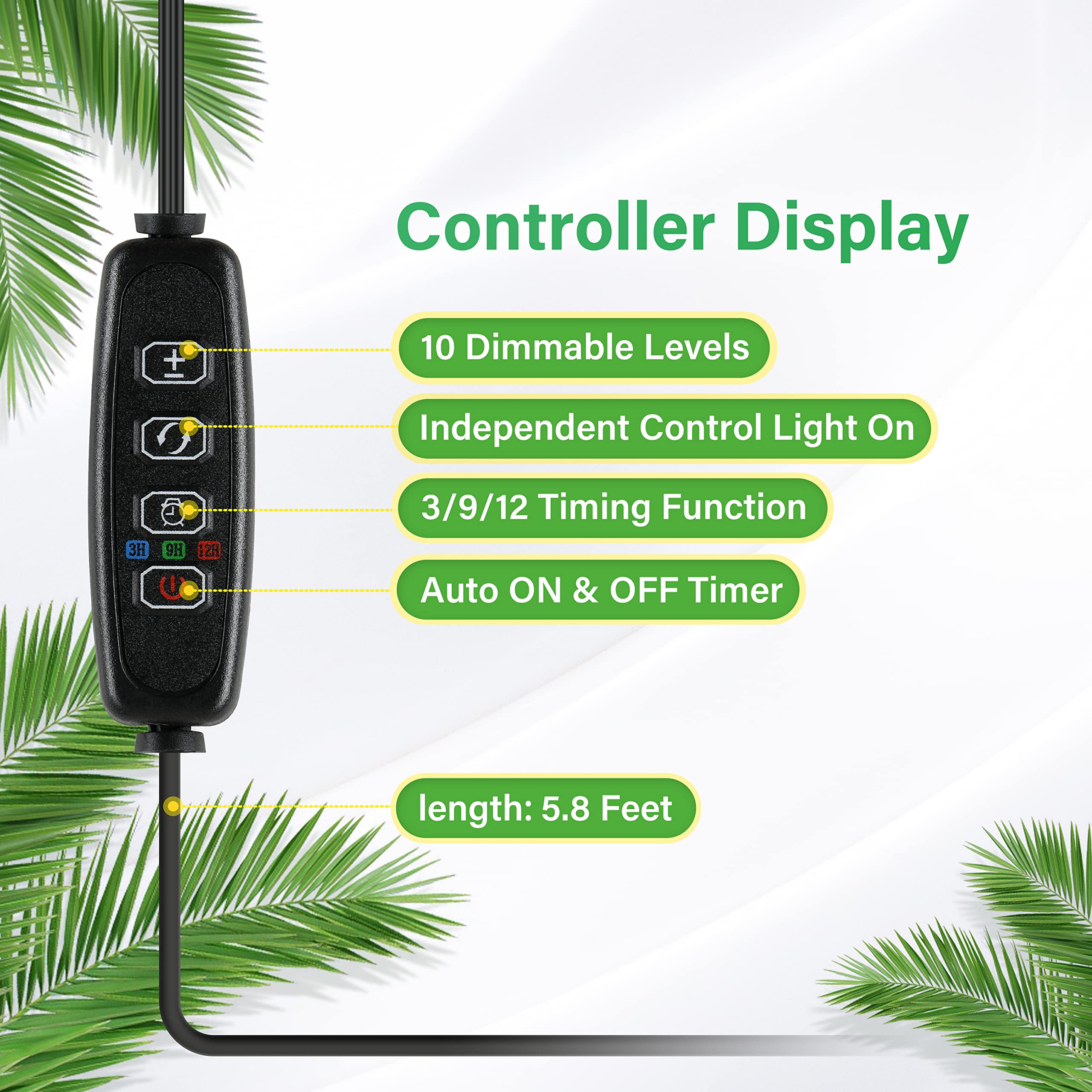 iPower 20W LED Plant Grow Light Strips Full Spectrum for Indoor Plants with Auto ON/Off 3/9/12H Timer, 10 Dimmable Levels 48 LEDs Per Tude, for Hydroponics Succulent, 2 Tubes, Yellow - Image 4
