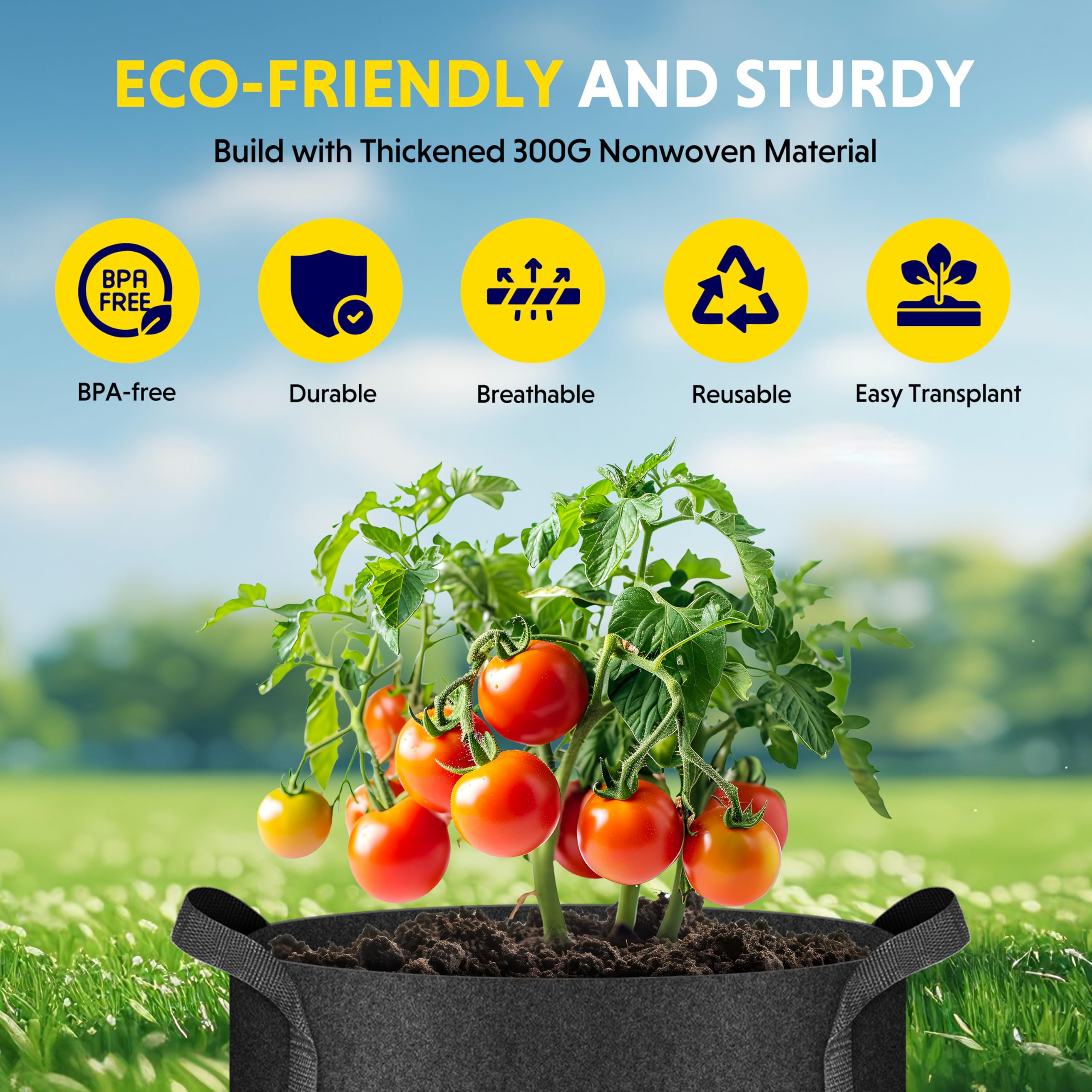 iPower Plant Grow Bag 3 Gallon 6-Pack Heavy Duty Fabric Pots, 300g Thick Nonwoven Fabric Containers Aeration with Nylon Handles, for Planting Vegetables, Fruits, Flowers, Black 2024 Version - Image 5