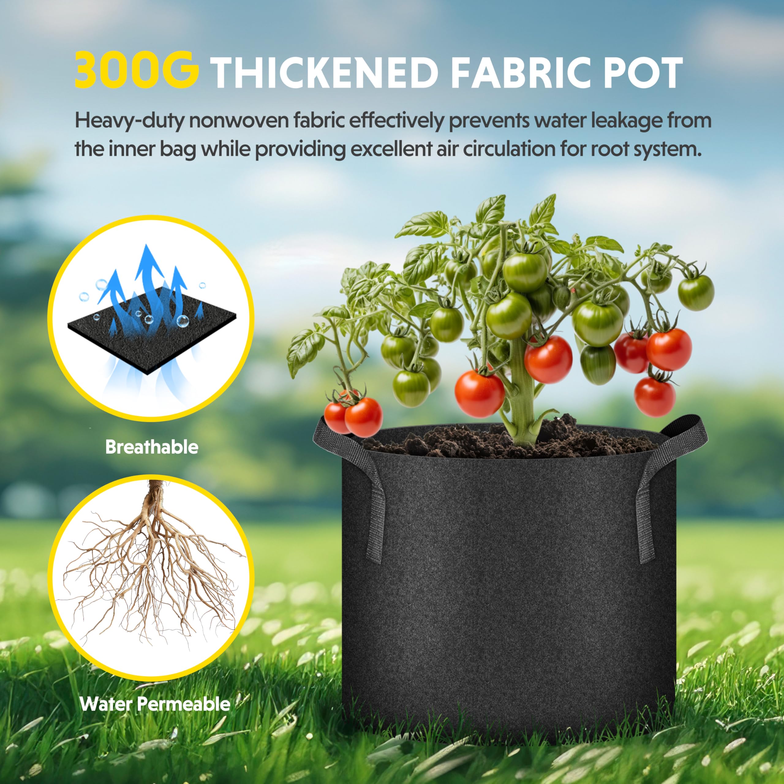 iPower Plant Grow Bag 3 Gallon 6-Pack Heavy Duty Fabric Pots, 300g Thick Nonwoven Fabric Containers Aeration with Nylon Handles, for Planting Vegetables, Fruits, Flowers, Black 2024 Version - Image 6
