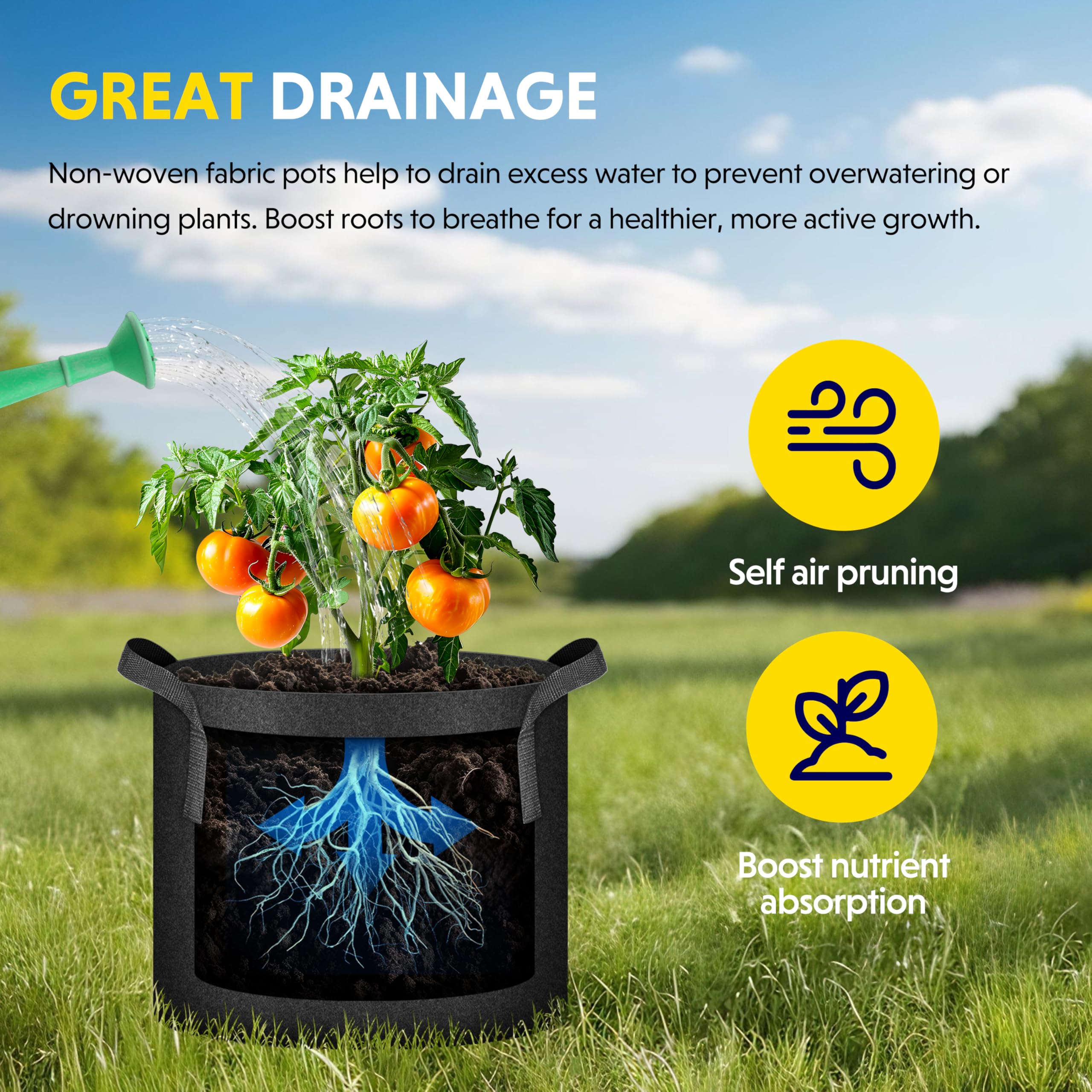 iPower Plant Grow Bag 3 Gallon 6-Pack Heavy Duty Fabric Pots, 300g Thick Nonwoven Fabric Containers Aeration with Nylon Handles, for Planting Vegetables, Fruits, Flowers, Black 2024 Version - Image 4