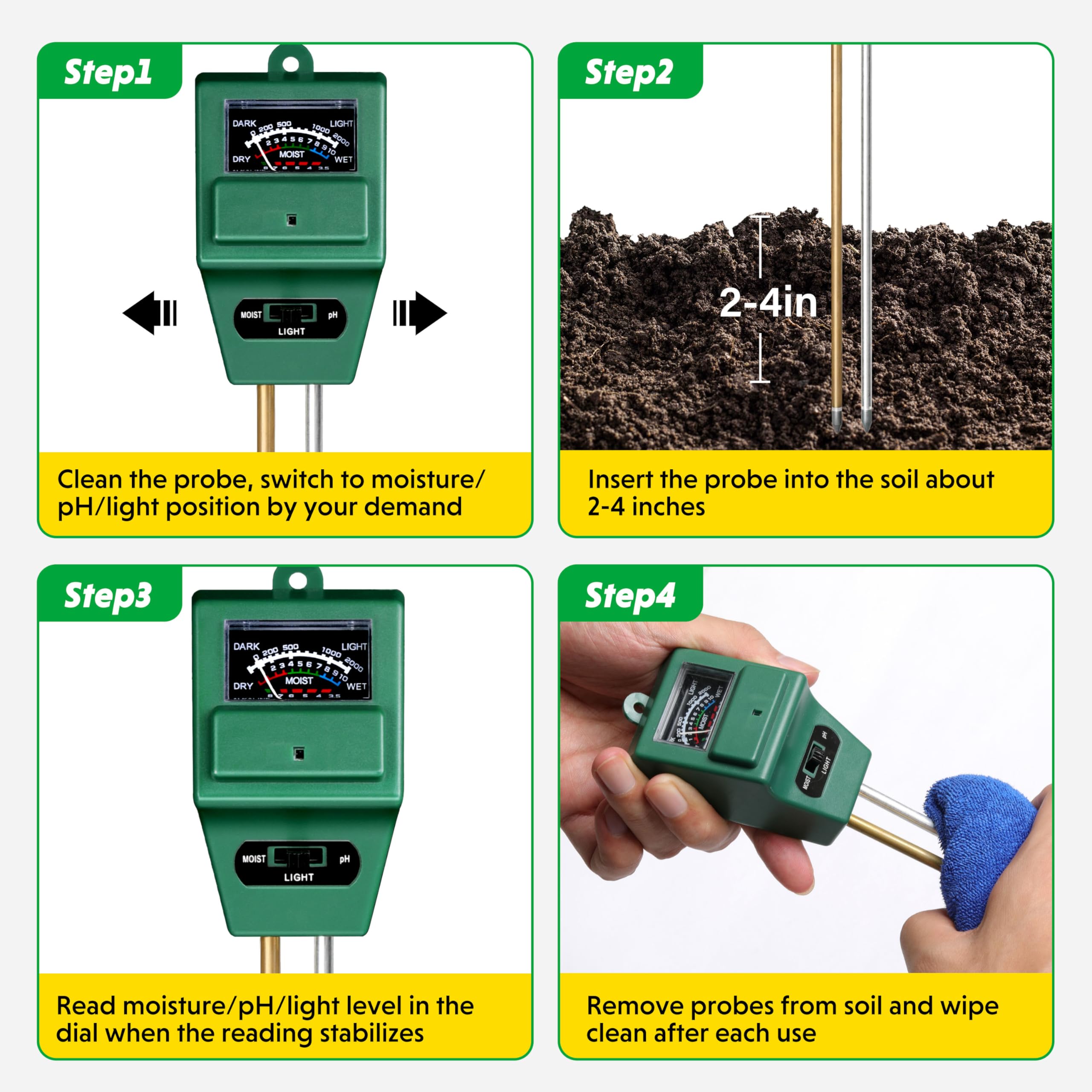 iPower 3-in-1 Plant Moisture/Light/PH Meter, Soil Test Kit for Gardening, Farming, Indoor & Outdoor Use, 3 Pack - Image 4