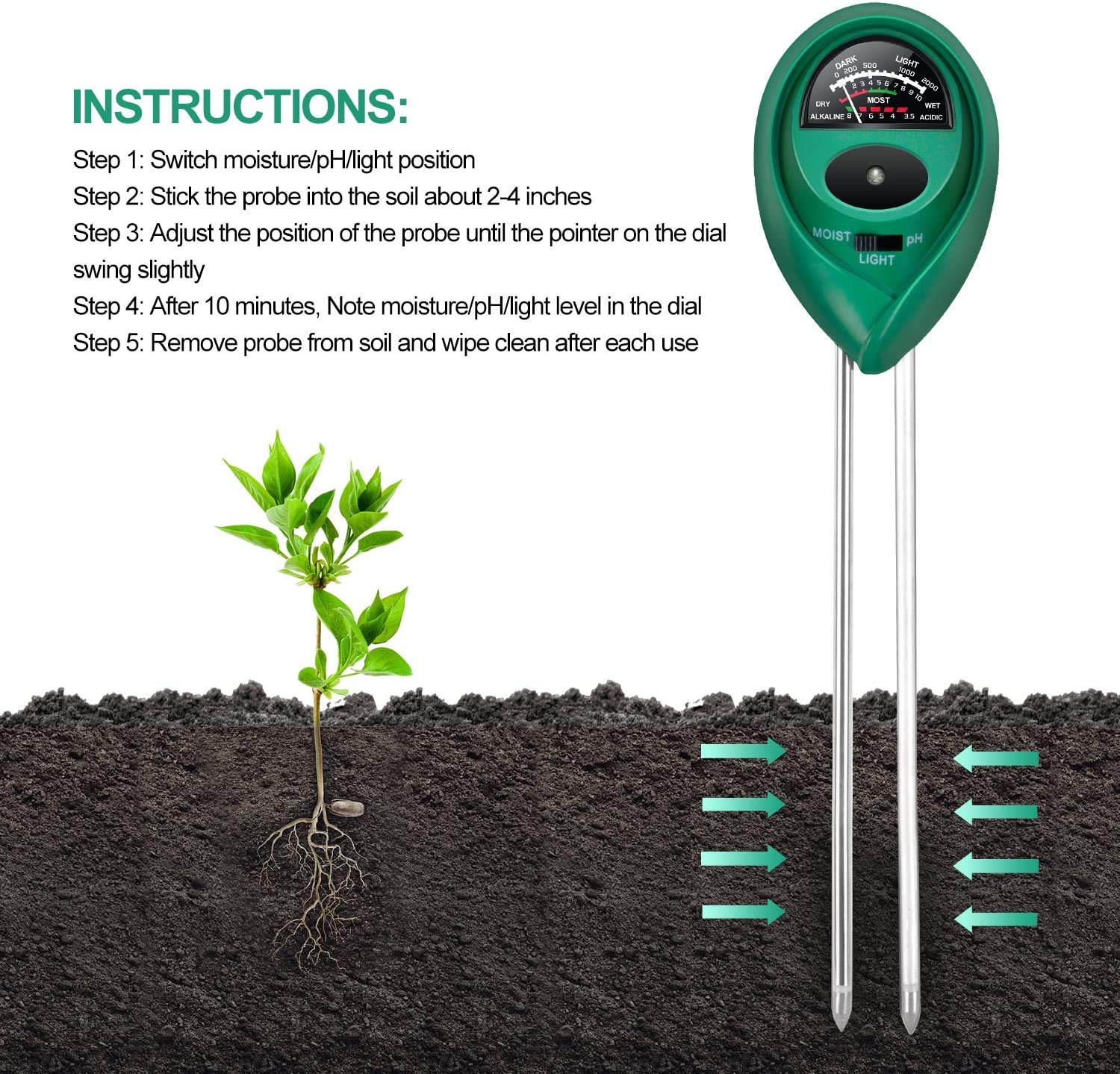 iPower 3-in-1 Soil Test Kit, Soil Moisture/Light/pH Meter for House Plant, Garden, Lawn, Farm, Ideal for Indoor & Outdoor Use - Image 5