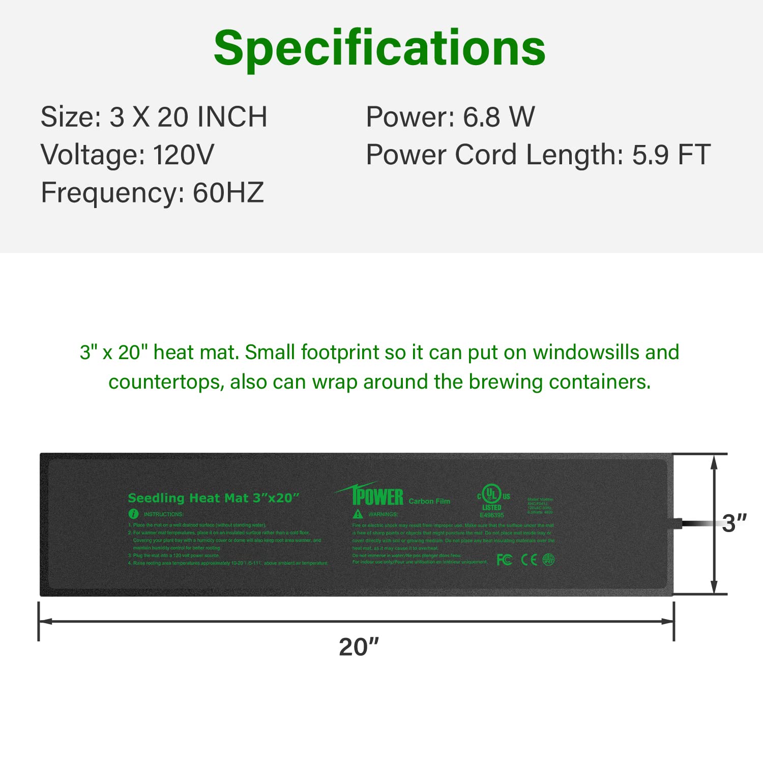 iPower 3" x 20" Seeding Heat Mat with Thermostat Temperature Adjustable Knob Durable Warm Hydroponic Plant Germination Starting Pad, Black - Image 5