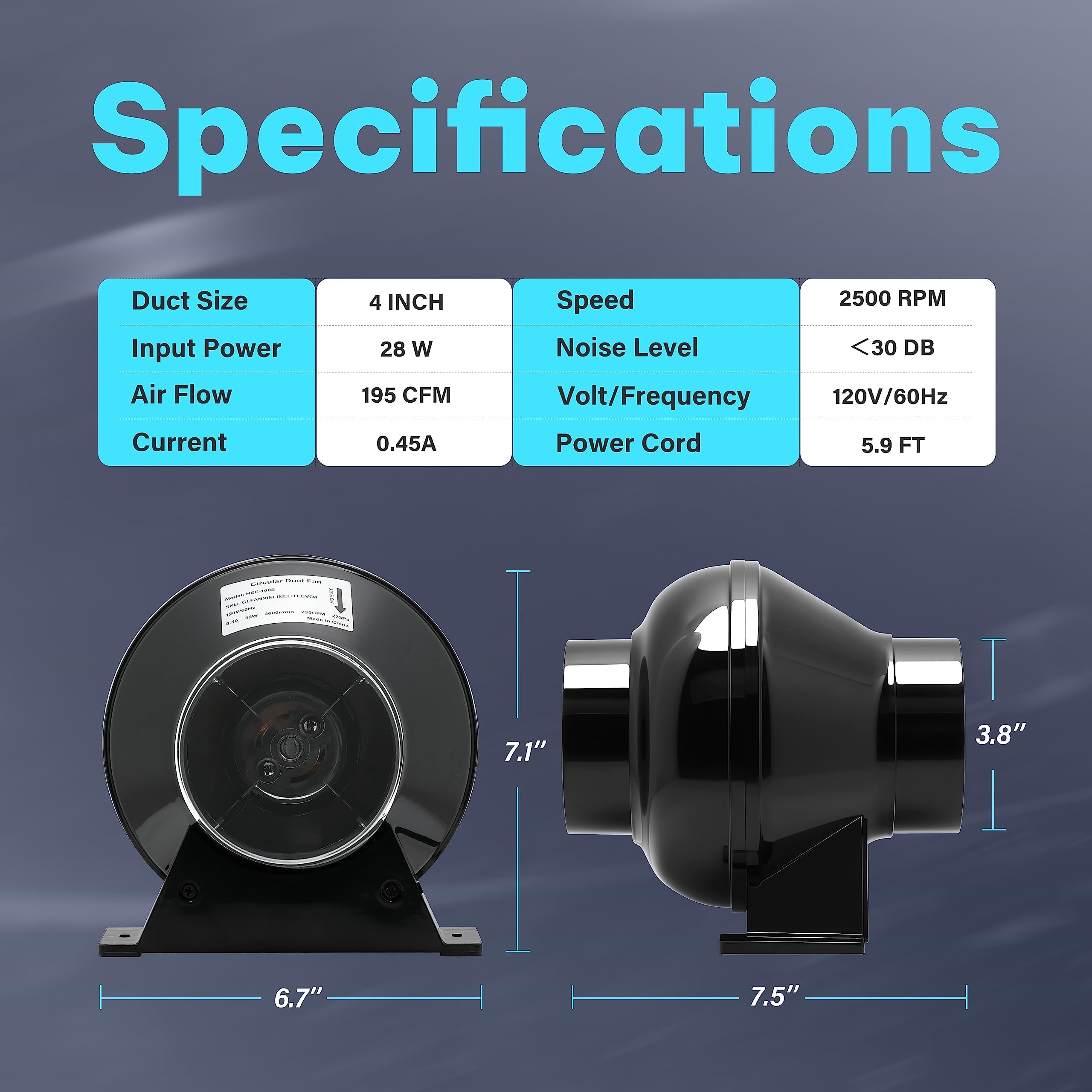 iPower 4 Inch 195 CFM Inline Duct Exhaust Fan Air Vent Booster Ventiliation Blower for Grow Tent, Attic, HVAC, Basements or Kitchens, Low Noise, Black - Image 3