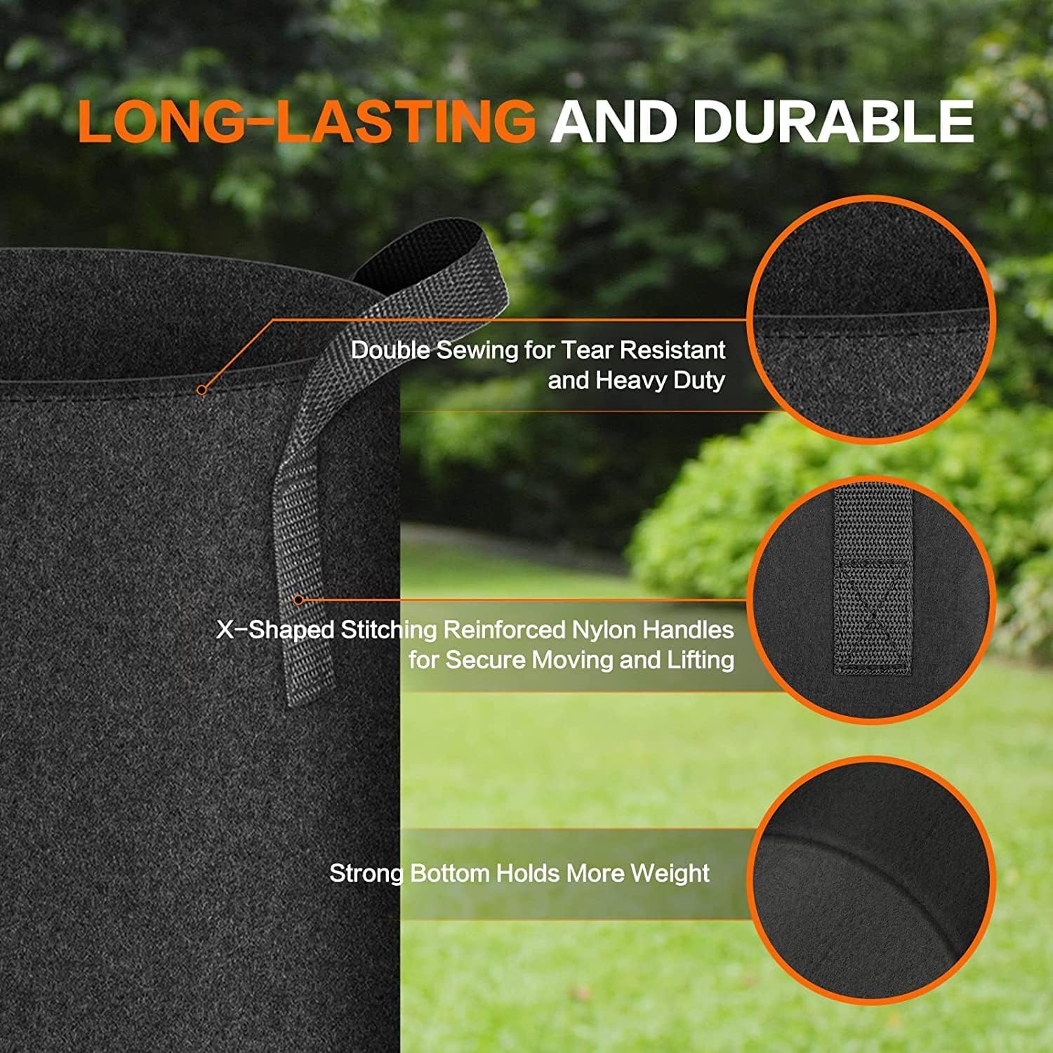 iPower 5-Pack 10 Gallon Plant Grow Bags Thickened Nonwoven Aeration Fabric Pots Heavy Duty Durable Container, Strap Handles for Garden, Black - Image 3