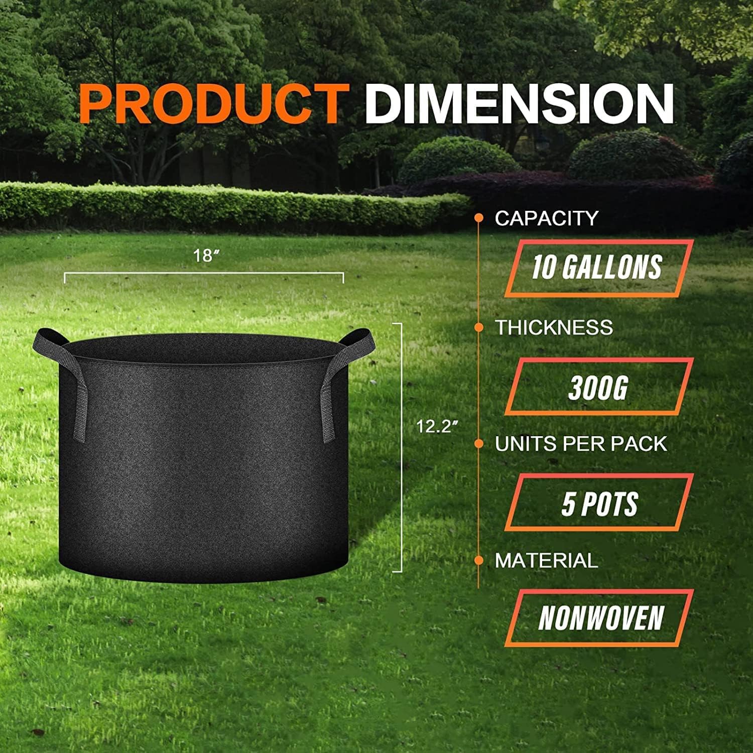 iPower 5-Pack 10 Gallon Plant Grow Bags Thickened Nonwoven Aeration Fabric Pots Heavy Duty Durable Container, Strap Handles for Garden, Black - Image 6