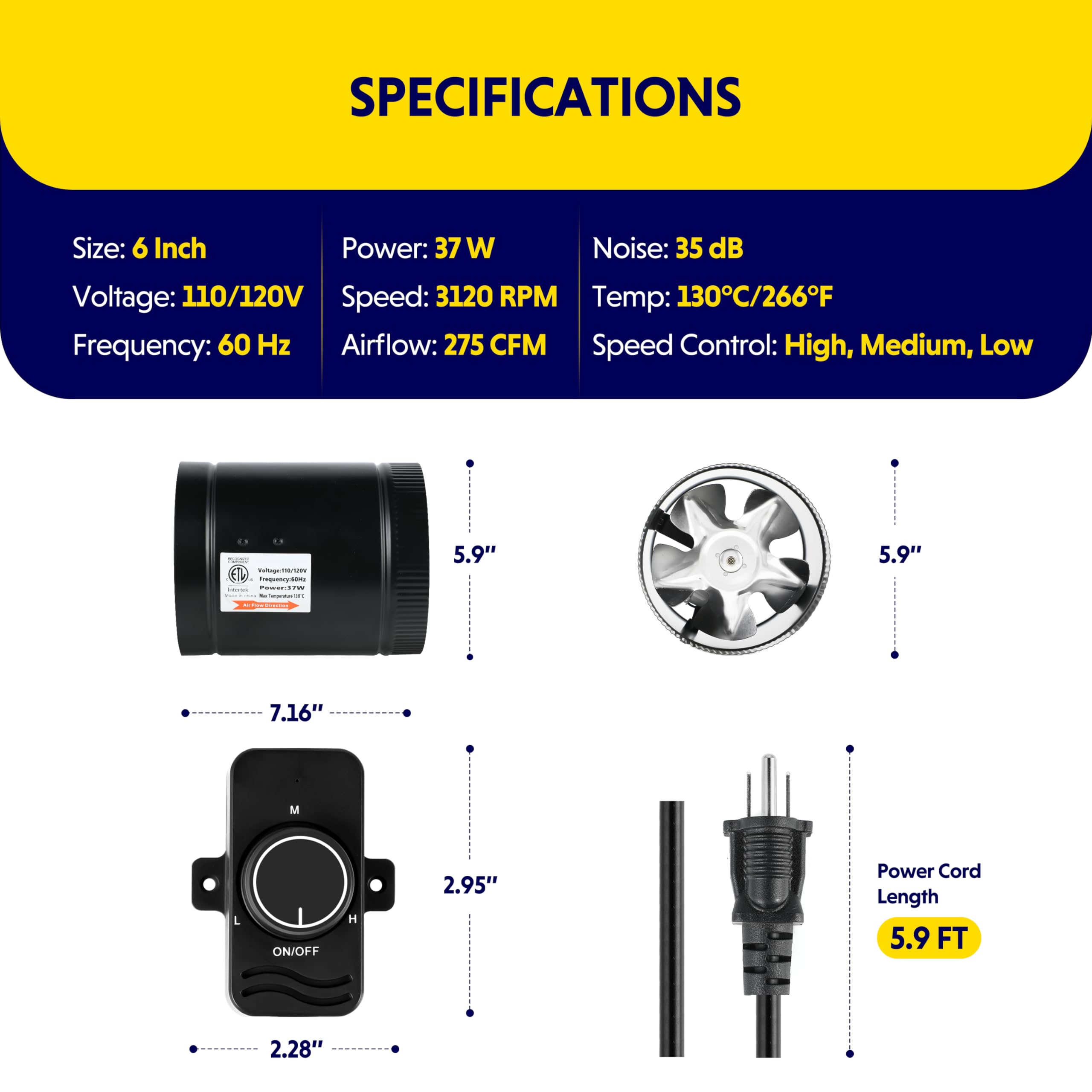 iPower 6 Inch Inline Booster Duct Fan with Speed Controller, 275 CFM Exhaust Fan HVAC, Duct Blower for Bathroom, Kitchen, Basement, Attic and Grow Tent - Image 3