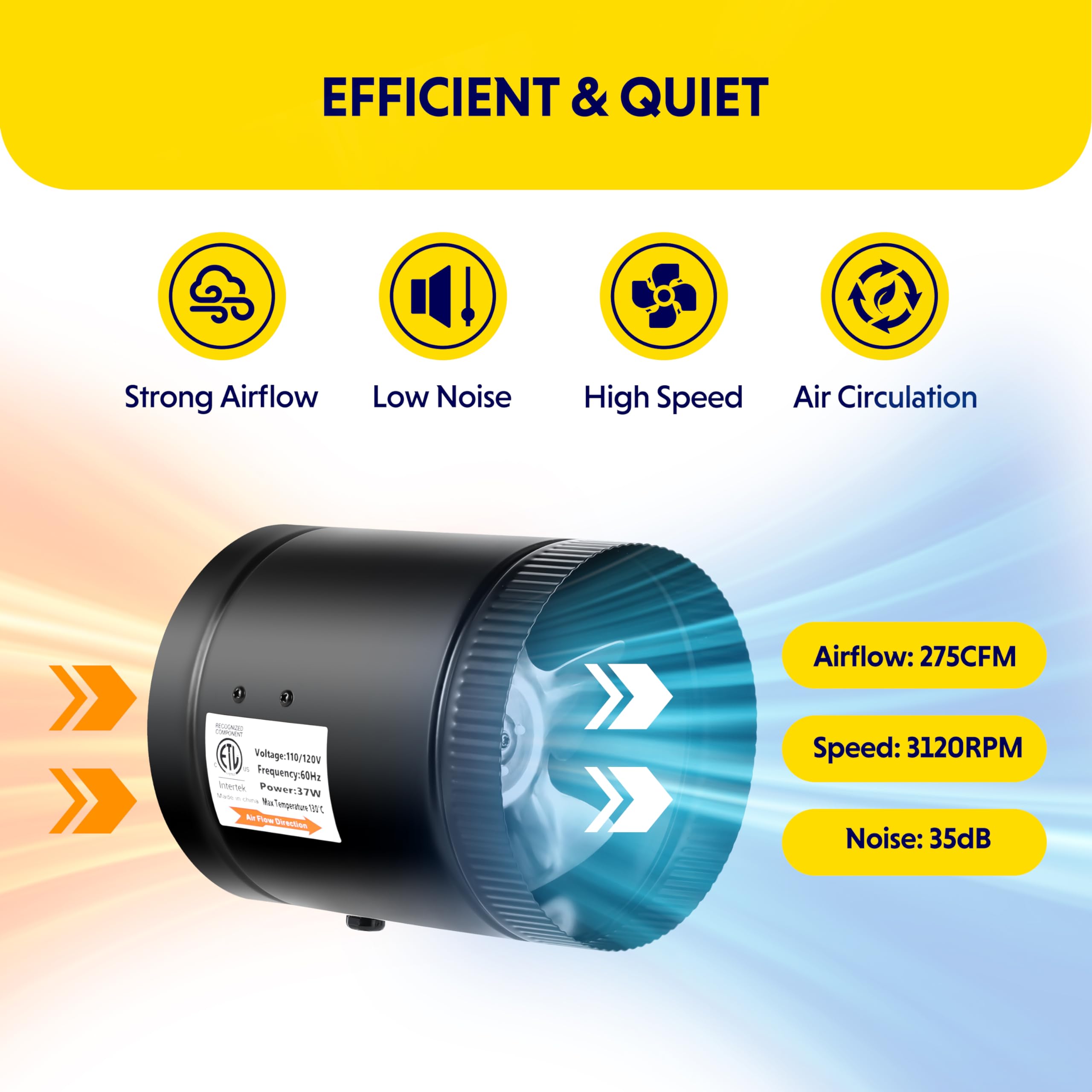 iPower 6 Inch Inline Booster Duct Fan with Speed Controller, 275 CFM Exhaust Fan HVAC, Duct Blower for Bathroom, Kitchen, Basement, Attic and Grow Tent - Image 4