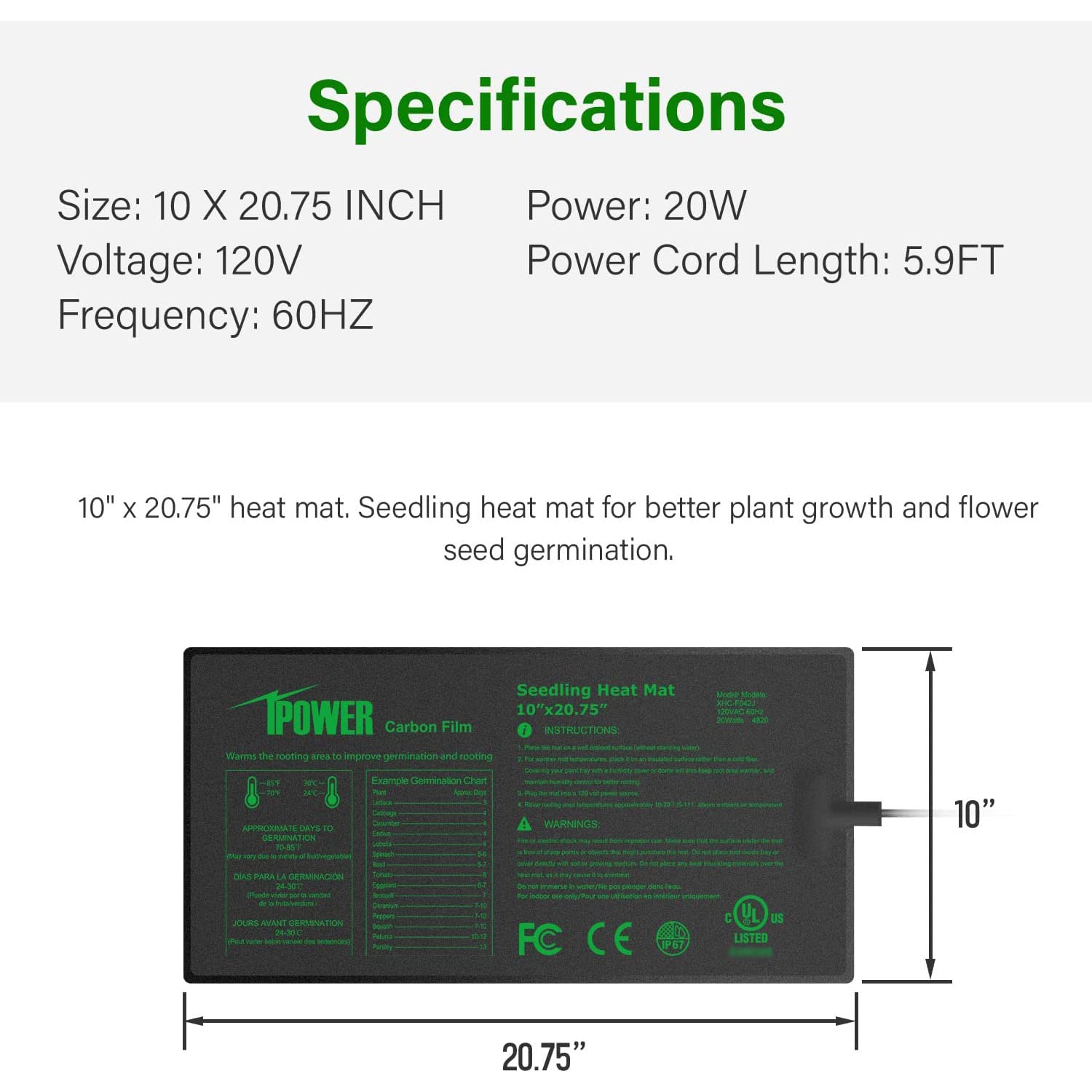 iPower Digital Heat Mat Thermostat Controller and 10" x 20.75" Carbon Film Seeding Warm Hydroponic Pad with Temperature Adjustable Knob - Image 6
