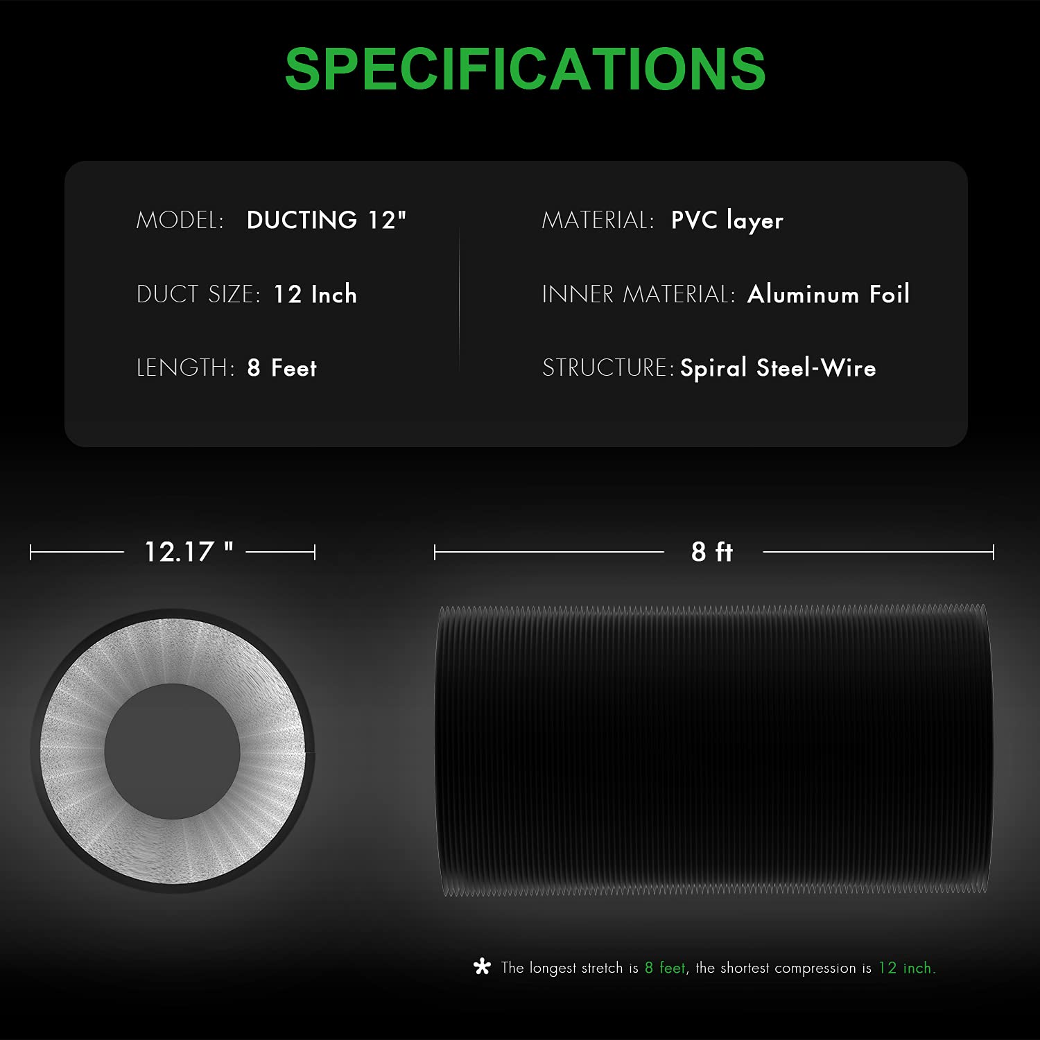 iPower Flexible 12 Inch 8 Feet Aluminum Ducting 4 Layer Protection Dryer Vent Hose for HVAC Heating Cooling Ventilation and Exhaust, 2 Clamps Included, PVC 12 in 8ft, Black - Image 4