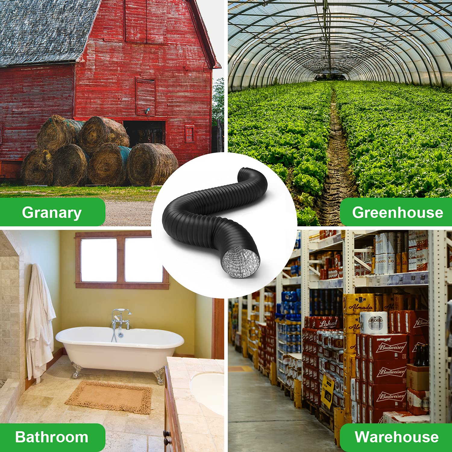 iPower Flexible 12 Inch 8 Feet Aluminum Ducting 4 Layer Protection Dryer Vent Hose for HVAC Heating Cooling Ventilation and Exhaust, 2 Clamps Included, PVC 12 in 8ft, Black - Image 6