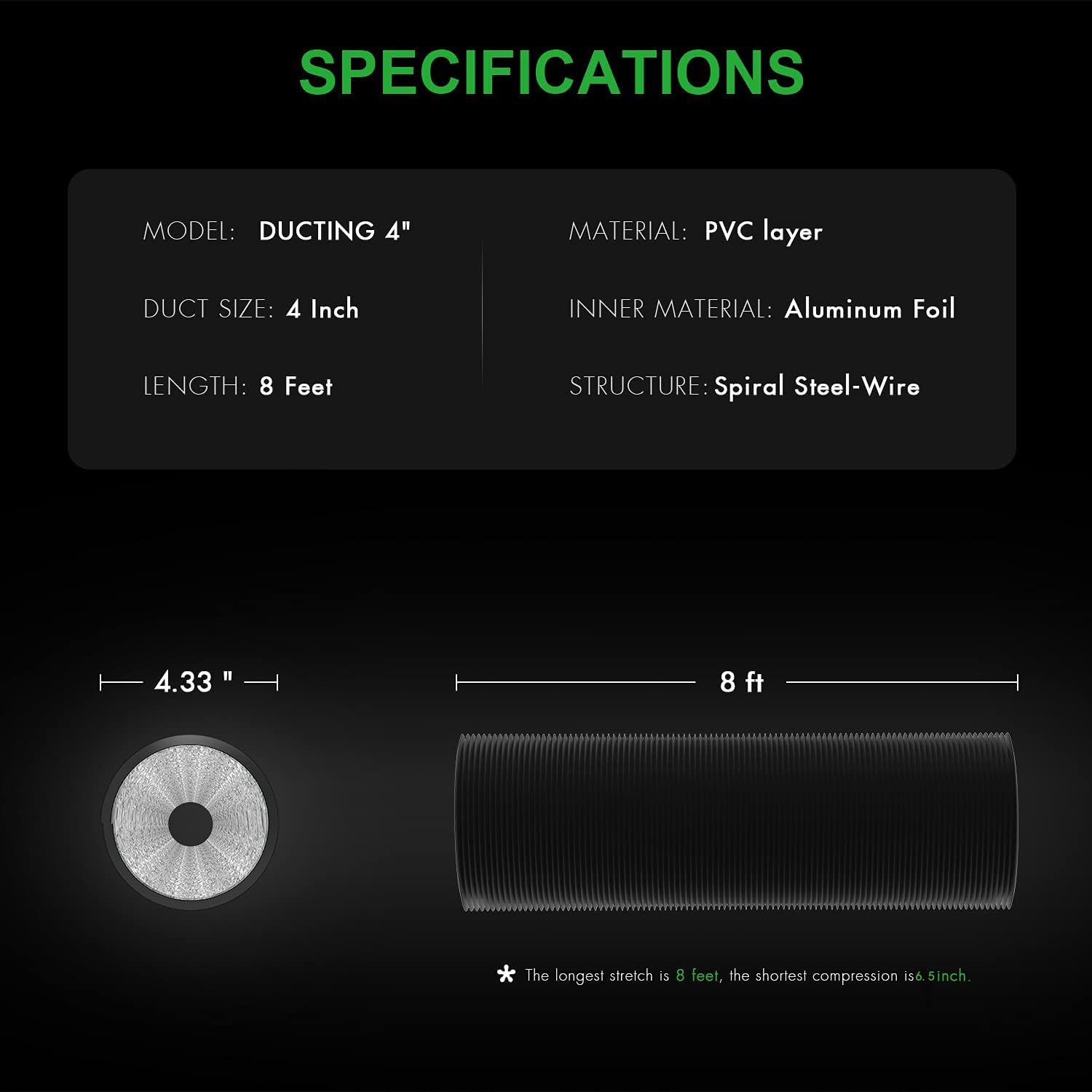 iPower Flexible 4 Inch 8 Feet Aluminum Ducting 4 Layer Protection Dryer Vent Hose for HVAC Heating Cooling Ventilation and Exhaust, 2 Clamps Included, Black - Image 4