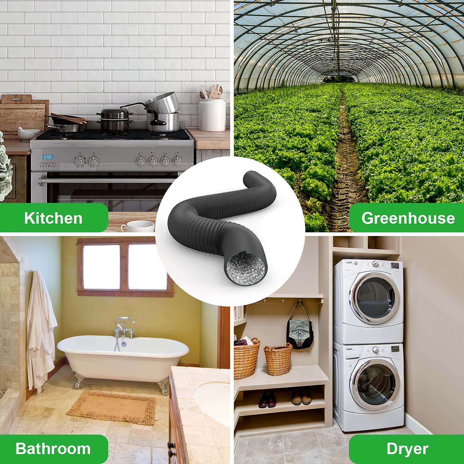 iPower Flexible 4 Inch 8 Feet Aluminum Ducting 4 Layer Protection Dryer Vent Hose for HVAC Heating Cooling Ventilation and Exhaust, 2 Clamps Included, Black - Image 6