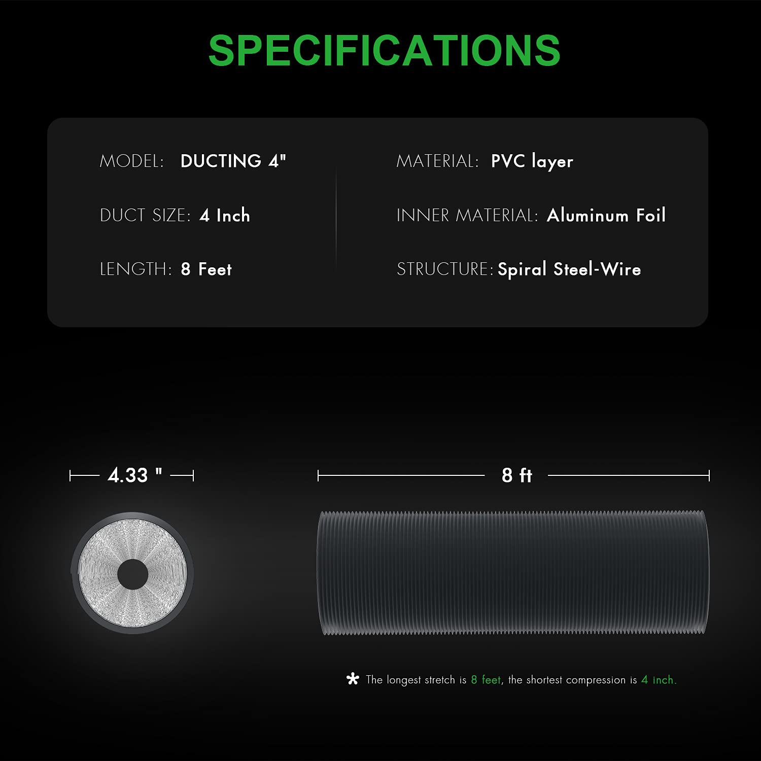 iPower Flexible 4 Inch 8 Feet Aluminum Ducting 4 Layer Protection Dryer Vent Hose for HVAC Heating Cooling Ventilation and Exhaust, 2 Clamps Included, Gray - Image 4