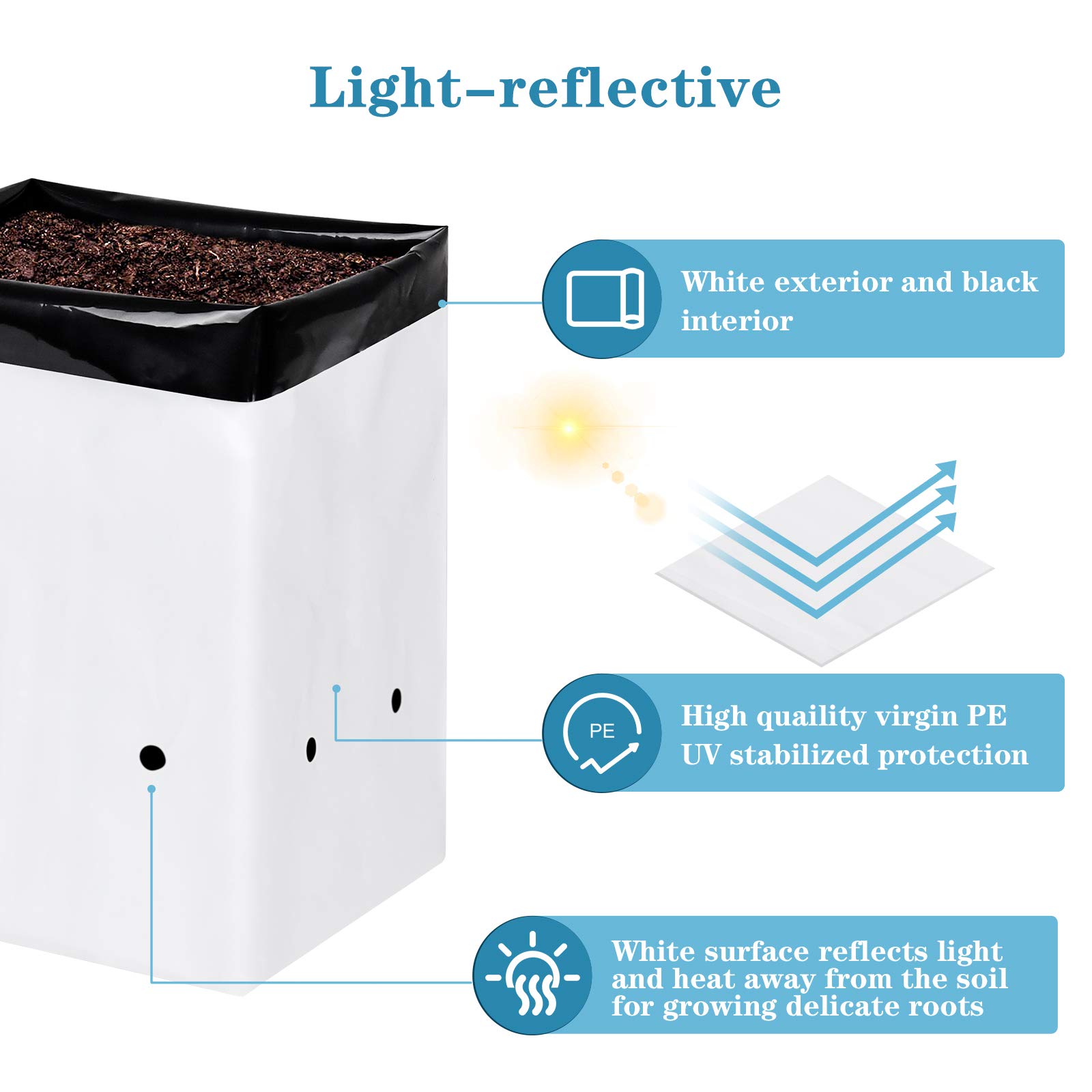 iPower GLGROWBAGFILM1X50 50-Pack 1 Gallon Black and White Grow Bags Panda Film Containers for Plants, Seedling and Rooting, Square Shape - Image 3