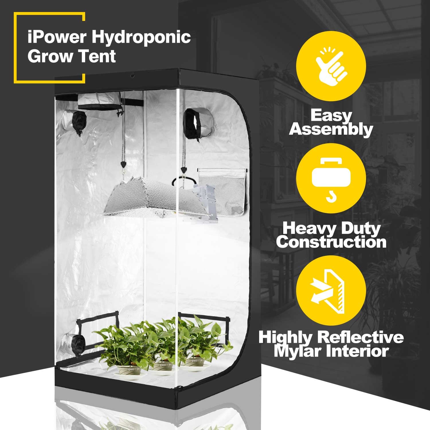 iPower GLTENTS1A Hydroponic Water-Resistant Grow Tent Floor Tray, Tool Bag for Indoor Plant Seedling, Propagation, Blossom, 36" x 36" x 72", Black - Image 8