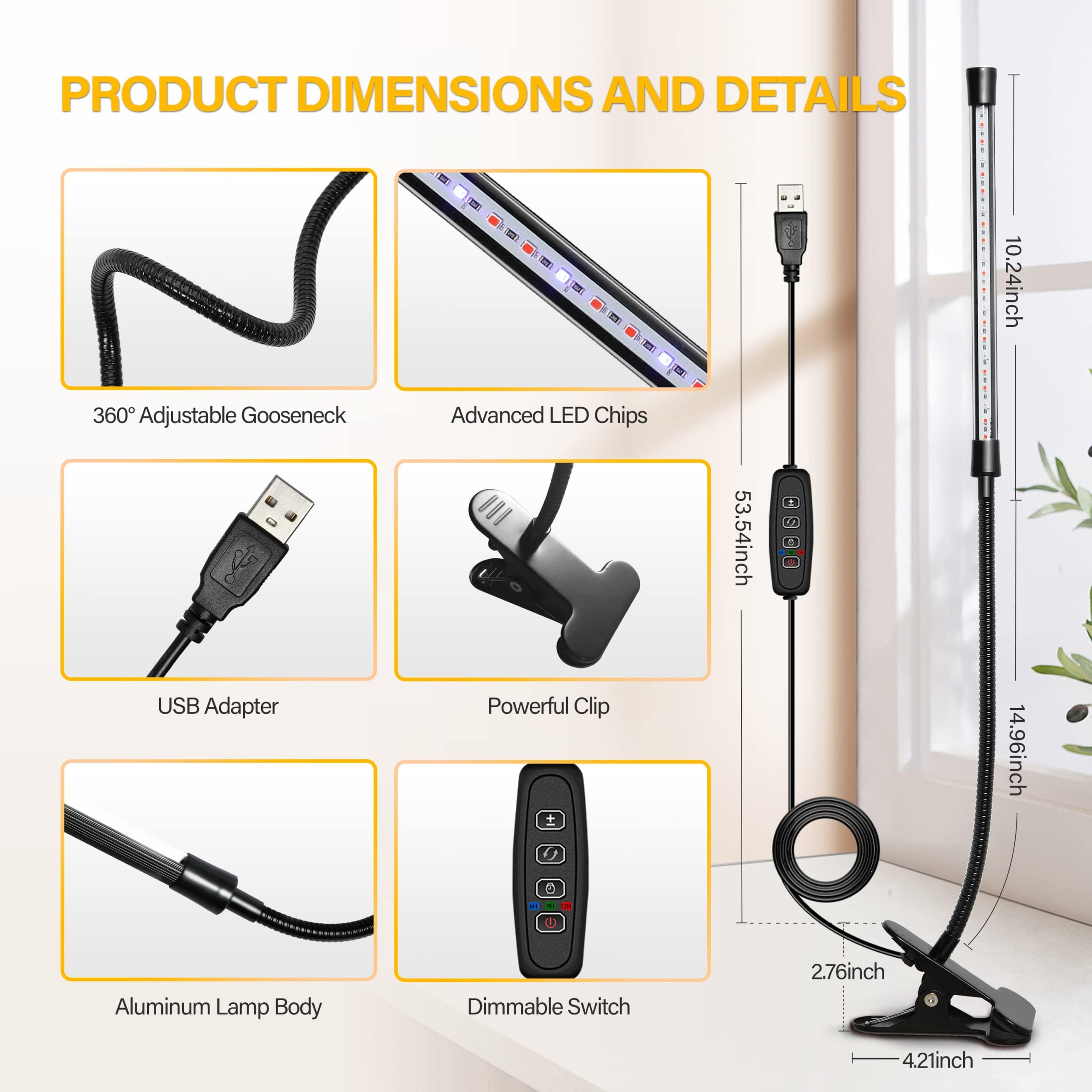 iPower LED Grow Light with Full Spectrum for Indoor Plants, Adjustable Gooseneck, 3 Light Modes&10 Dimmable Levels, 3 Auto Timing Modes, 1 Tubes, Yellow - Image 3
