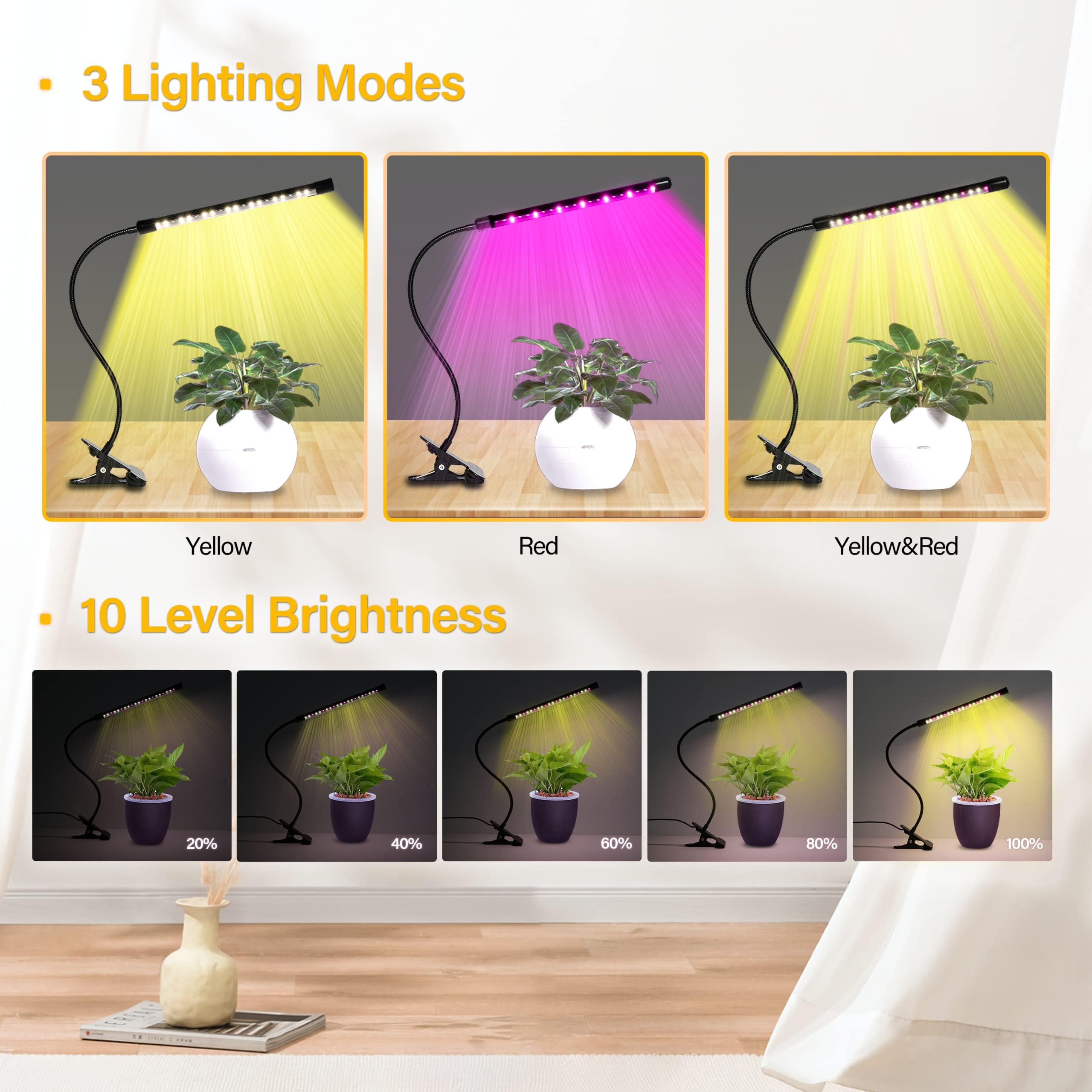 iPower LED Grow Light with Full Spectrum for Indoor Plants, Adjustable Gooseneck, 3 Light Modes&10 Dimmable Levels, 3 Auto Timing Modes, 1 Tubes, Yellow - Image 4