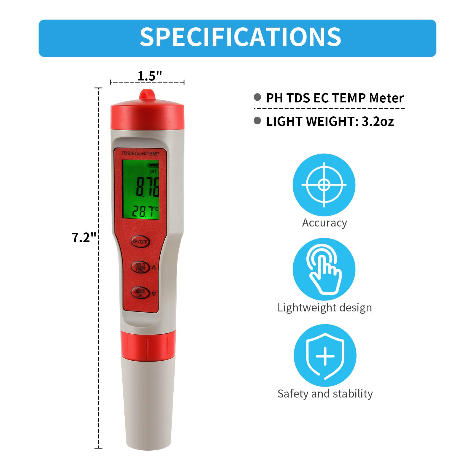 iPower pH Meter Digital Water Lab TDS Tester with EC/Temp Function 4-in-1 ±0.1 High Accuracy for Drinking Water, Pool, Aquarium, Pond, Beer Brewing - Image 5