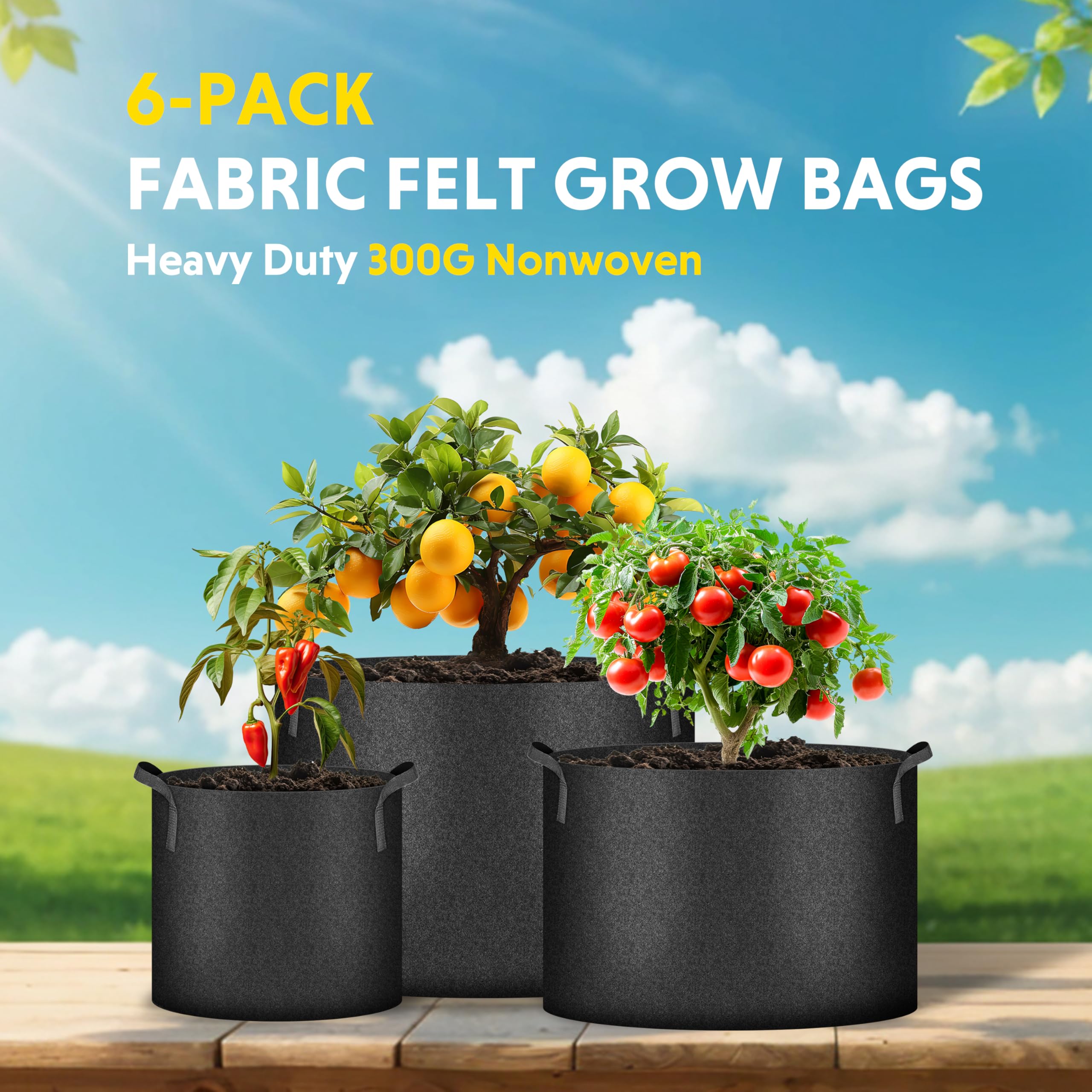 iPower Plant Grow Bag 3 Gallon 6-Pack Heavy Duty Fabric Pots, 300g Thick Nonwoven Fabric Containers Aeration with Nylon Handles, for Planting Vegetables, Fruits, Flowers, Black 2024 Version - Image 7