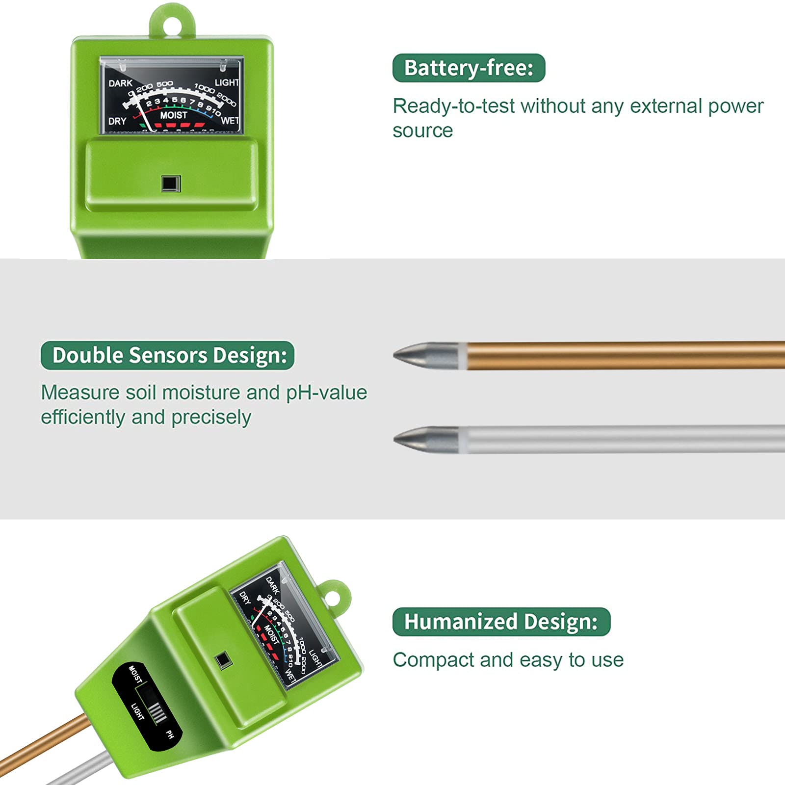 iPower Soil Meter pH Tester Gardening with Moisture Light Function 3-in-1 Tool Kit for Lawn, Farm, Indoor & Outdoor Plant Care, Square, 1 Pack - Image 4
