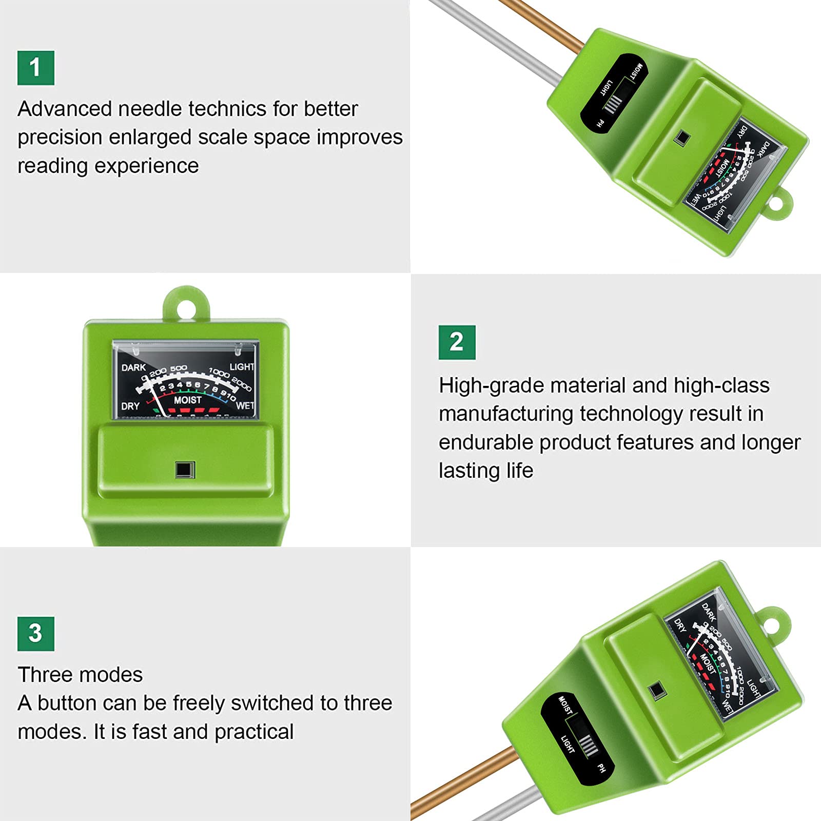 iPower Soil Meter pH Tester Gardening with Moisture Light Function 3-in-1 Tool Kit for Lawn, Farm, Indoor & Outdoor Plant Care, Square, 1 Pack - Image 5