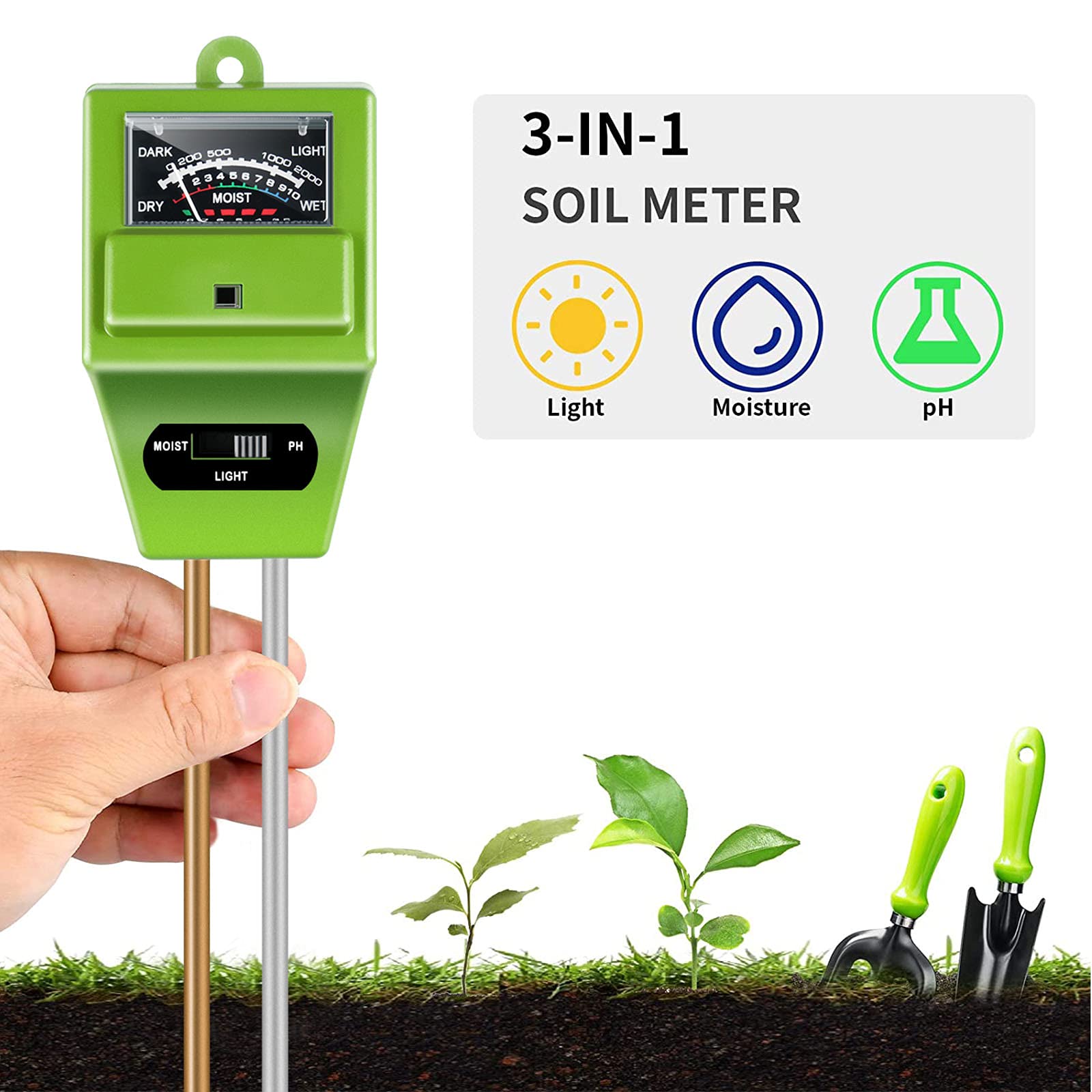 iPower Soil Meter pH Tester Gardening with Moisture Light Function 3-in-1 Tool Kit for Lawn, Farm, Indoor & Outdoor Plant Care, Square, 1 Pack - Image 6