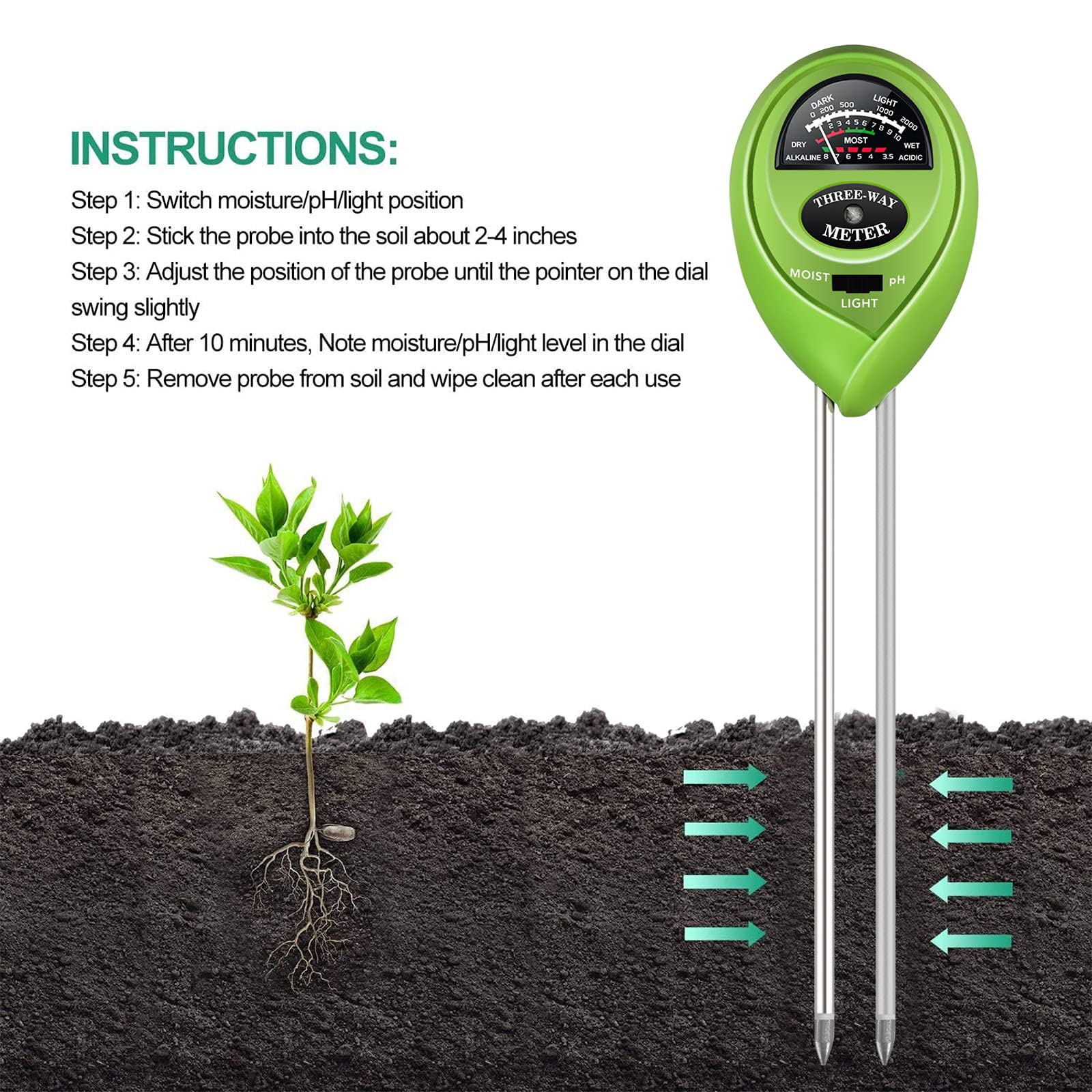 iPower Soil pH Meter, 3-in-1 Moisture Light Tester Kit for Garden Lawn, Farm, Indoor & Outdoor Use, Promote Plants Healthy Growth, Round, Battery Needed, Grass Green - Image 5