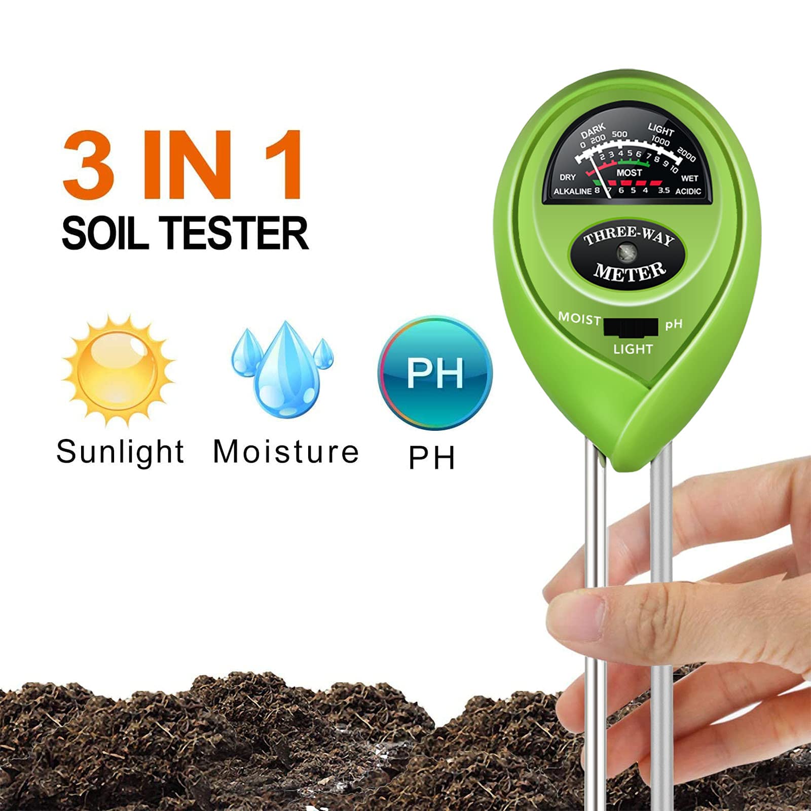 iPower Soil pH Meter, 3-in-1 Moisture Light Tester Kit for Garden Lawn, Farm, Indoor & Outdoor Use, Promote Plants Healthy Growth, Round, Battery Needed, Grass Green - Image 6