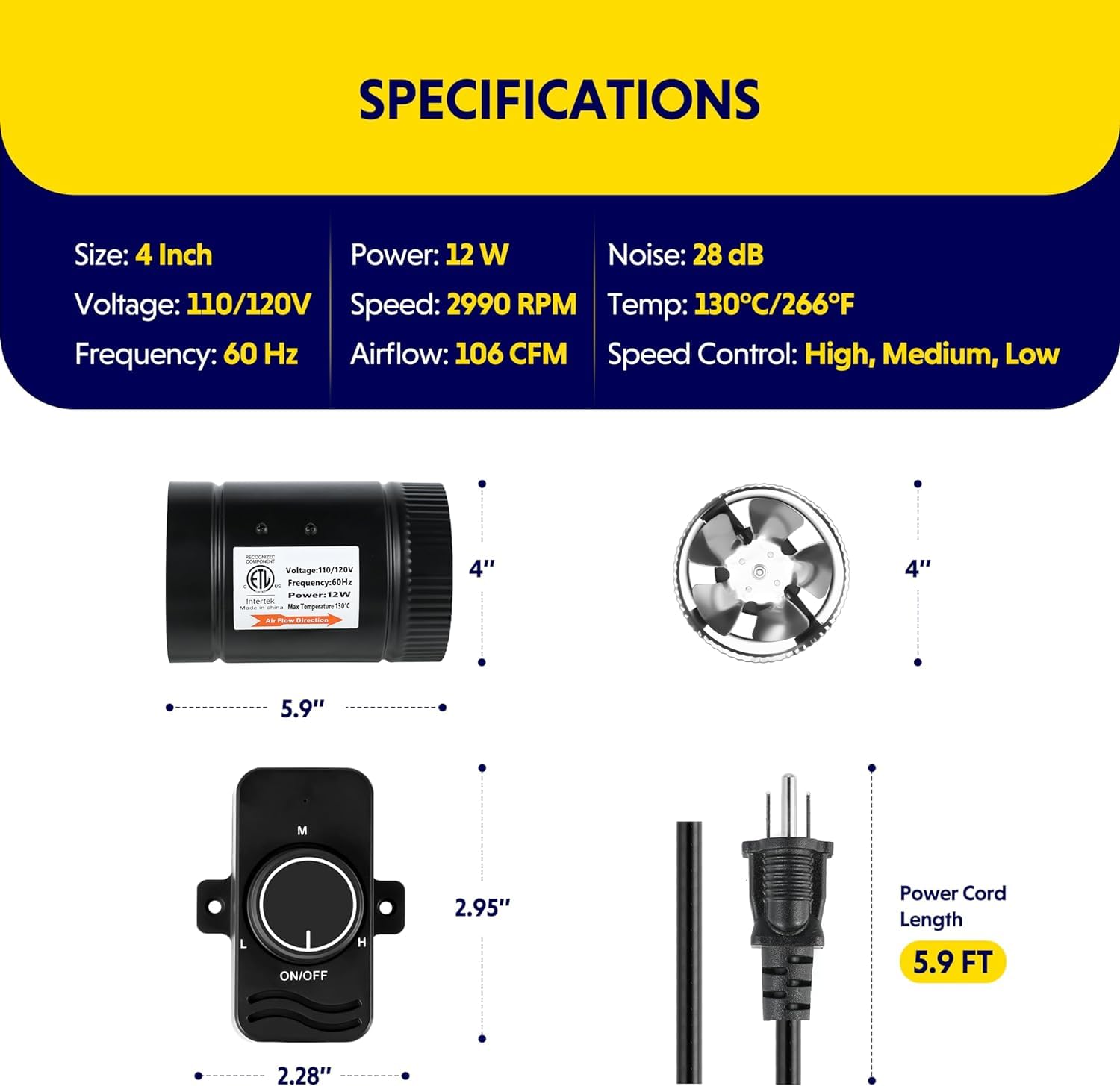 Simple Deluxe 4" 106 CFM Booster Duct Fan with Speed Controller, Low Noise HVAC Exhaust Fan, Suitable for Basements, Bathrooms, Kitchens, and Grow Tents, Black - Image 3