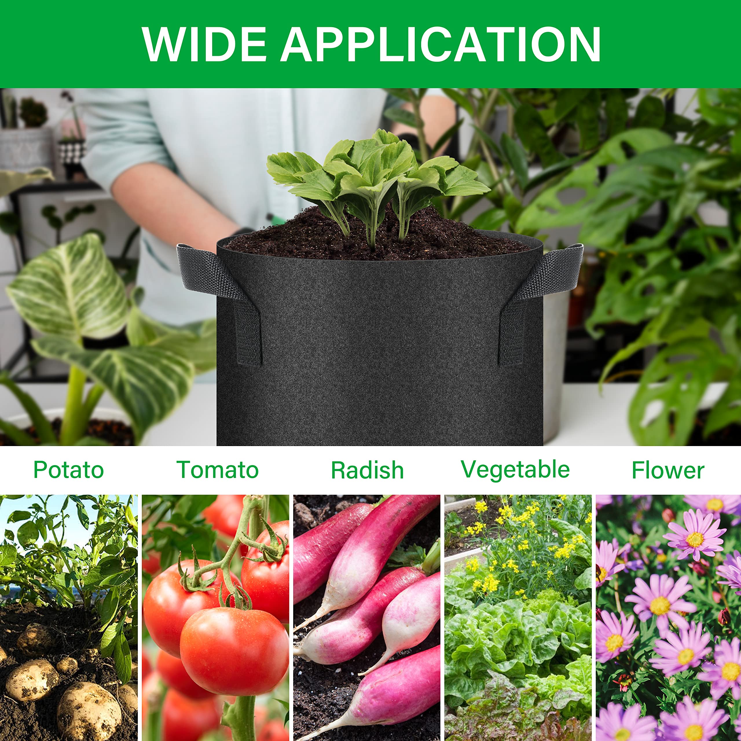YSSOA 10-Pack 5 Gallon Grow Bags, Tomoato Plant Pots with Handles, Aeration Nonwoven Fabric, Heavy Duty Gardening Planter for Vegetable, Fruits and Flowers, Black - Image 6